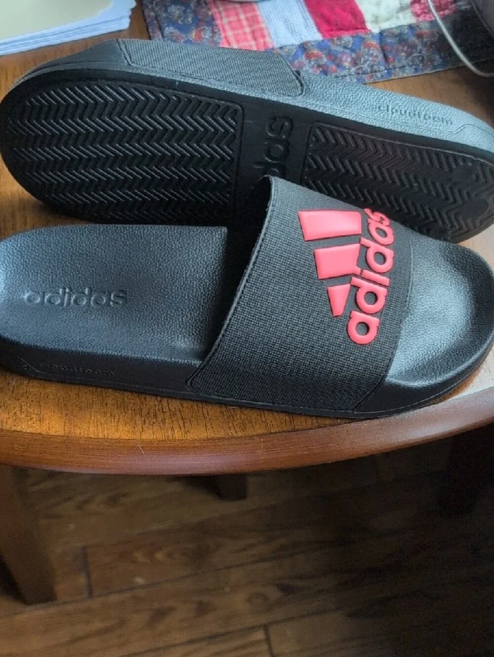 adidas Mens Black Slide Sandals with Red Logo